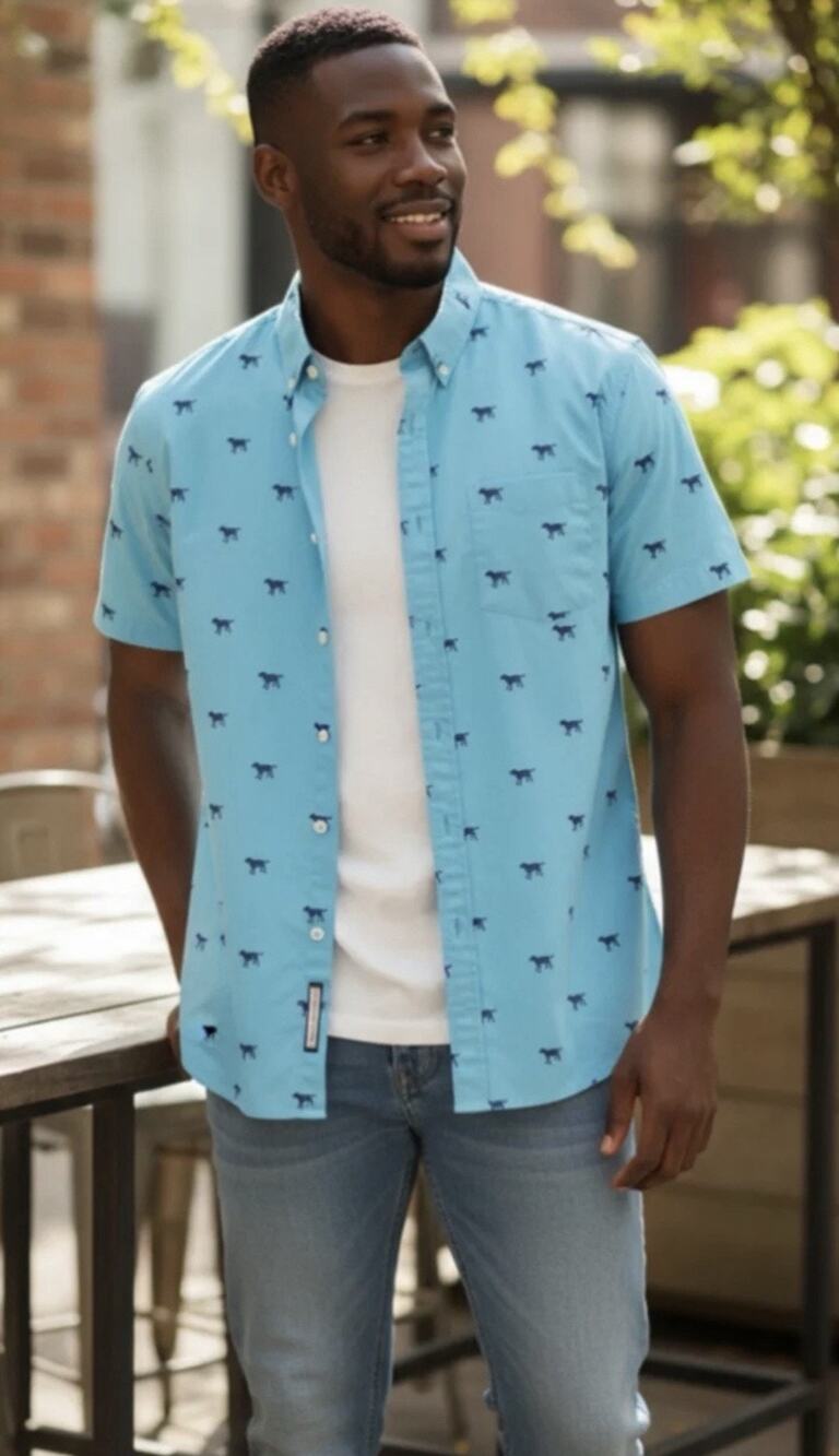 NWT IZOD Blue Button Down Shirt — XXL Golden Retriever Dad-Core, Dog Graphic AOP